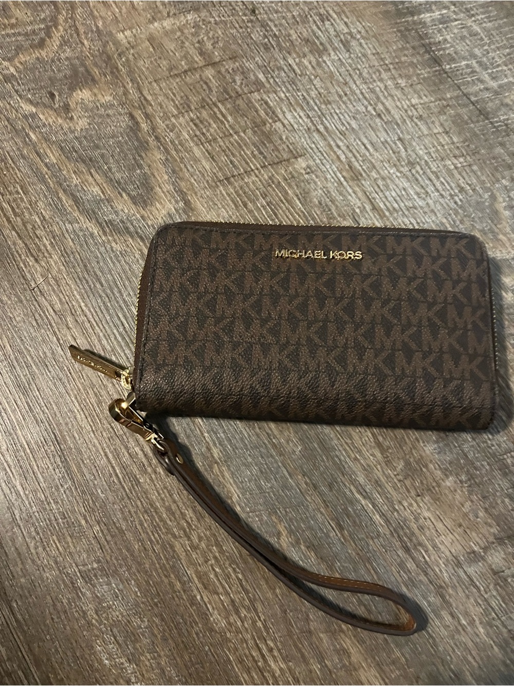 Michael Kors Brown MK Logo Zip-Around Wristlet